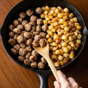 Lean turkey sausage browning in skillet beside crispy potatoes for high-protein breakfast tacos