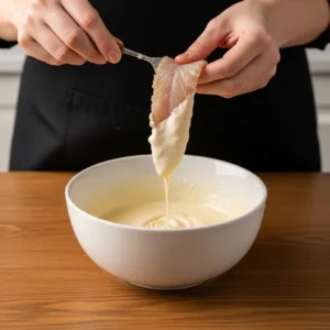 Fish strip dipped into ice-cold beer batter with batter dripping slowly