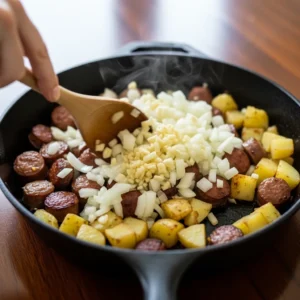 Chopped onion and garlic being stirred into sausage and potatoes for Texas-style breakfast tacos