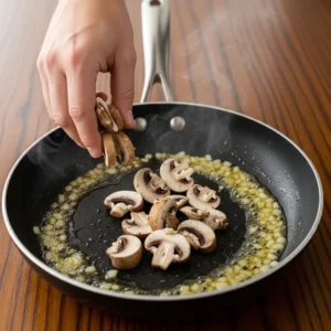 A human hand adding sliced cremini mushrooms to the skillet, mushrooms settling into the butter and onion mixture with steam rising.