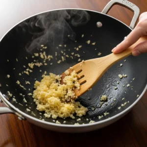 A human hand stirring minced garlic and grated ginger in a wok with a wooden spatula, the paste turning golden.