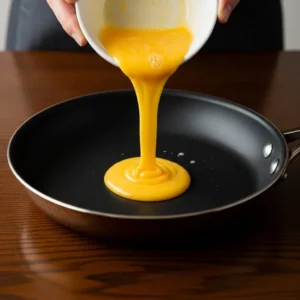 Beaten eggs being poured into skillet from small bowl, creating high-protein breakfast taco filling