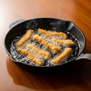 Golden-brown fish strips frying in shimmering hot oil with bubbles and steam