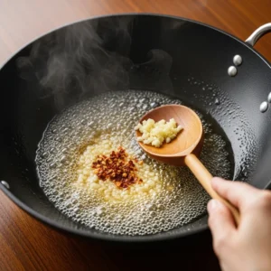 Dark sauce bubbling in a wok with minced garlic and red pepper flakes while a hand holds a wooden spoon