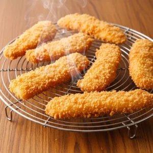 Freshly fried golden fish strips draining on wire cooling rack, with steam rising