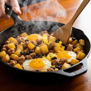 Eggs gently scrambling with potatoes, sausage, and black beans in skillet with steam rising