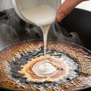 Human hand pouring white cornstarch slurry from a small bowl into simmering dark sauce creating a marble pattern