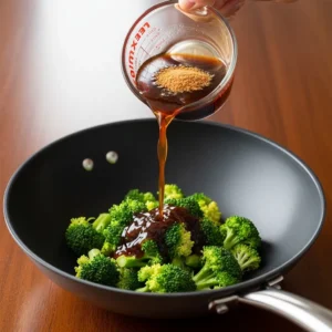 A human hand pouring a stream of dark brown sauce from a glass measuring cup into a hot wok.