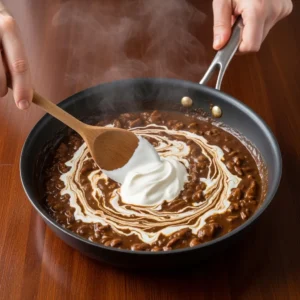 A human hand using a wooden spoon to stir sour cream into the brown stroganoff sauce, creamy white swirls mixing with dark gravy.