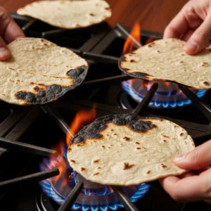 Hands charring corn tortillas over open gas flame with small burn marks