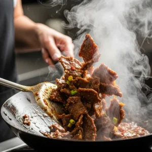 Action shot of glossy Mongolian beef being tossed in a wok with a human hand gripping a spatula and steam rising