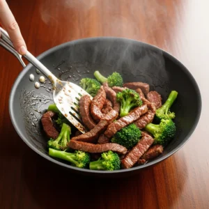 A human hand using a spatula to toss seared beef and blanched broccoli together in a wok with thick glossy sauce.