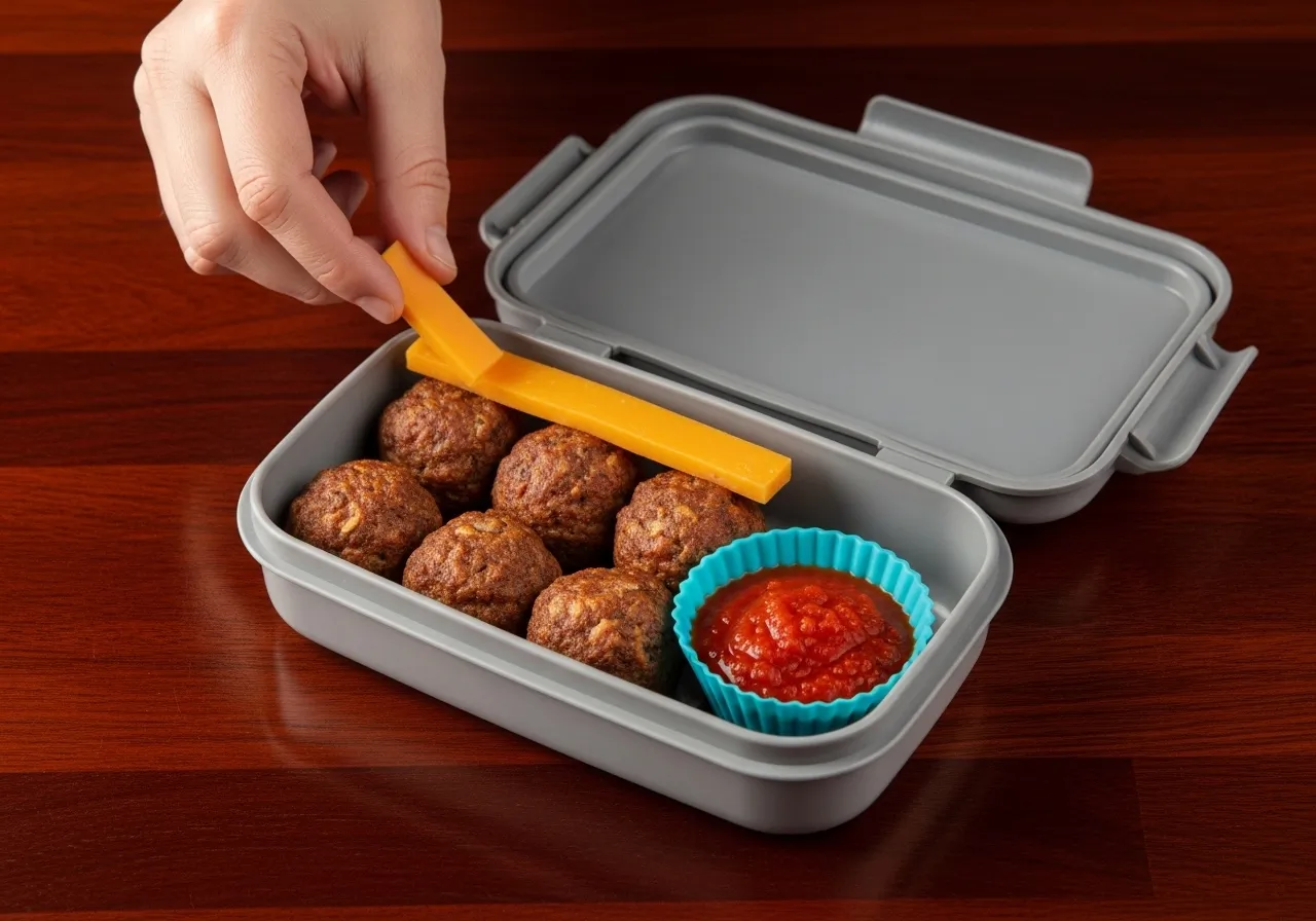 Kids lunch box packed with cooled mini meatballs and small silicone cup of marinara
