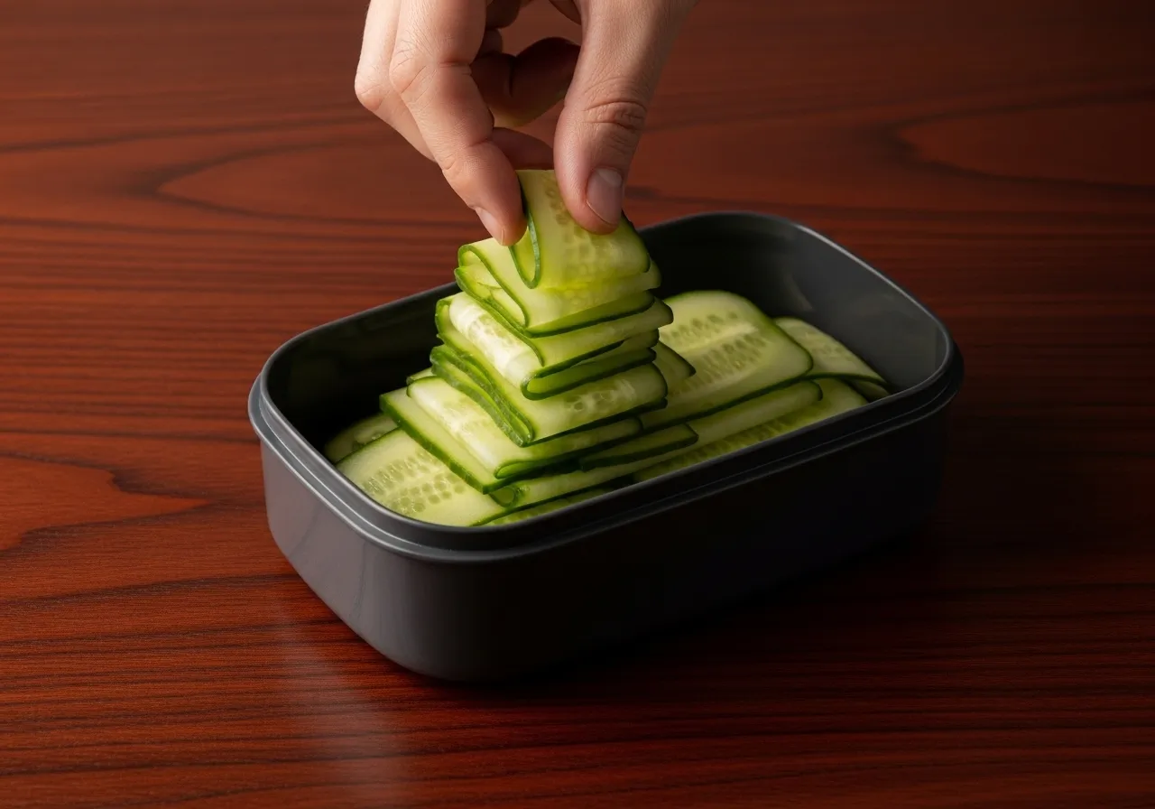 Hand placing thin cucumber ribbons at bottom of lunch box to absorb moisture