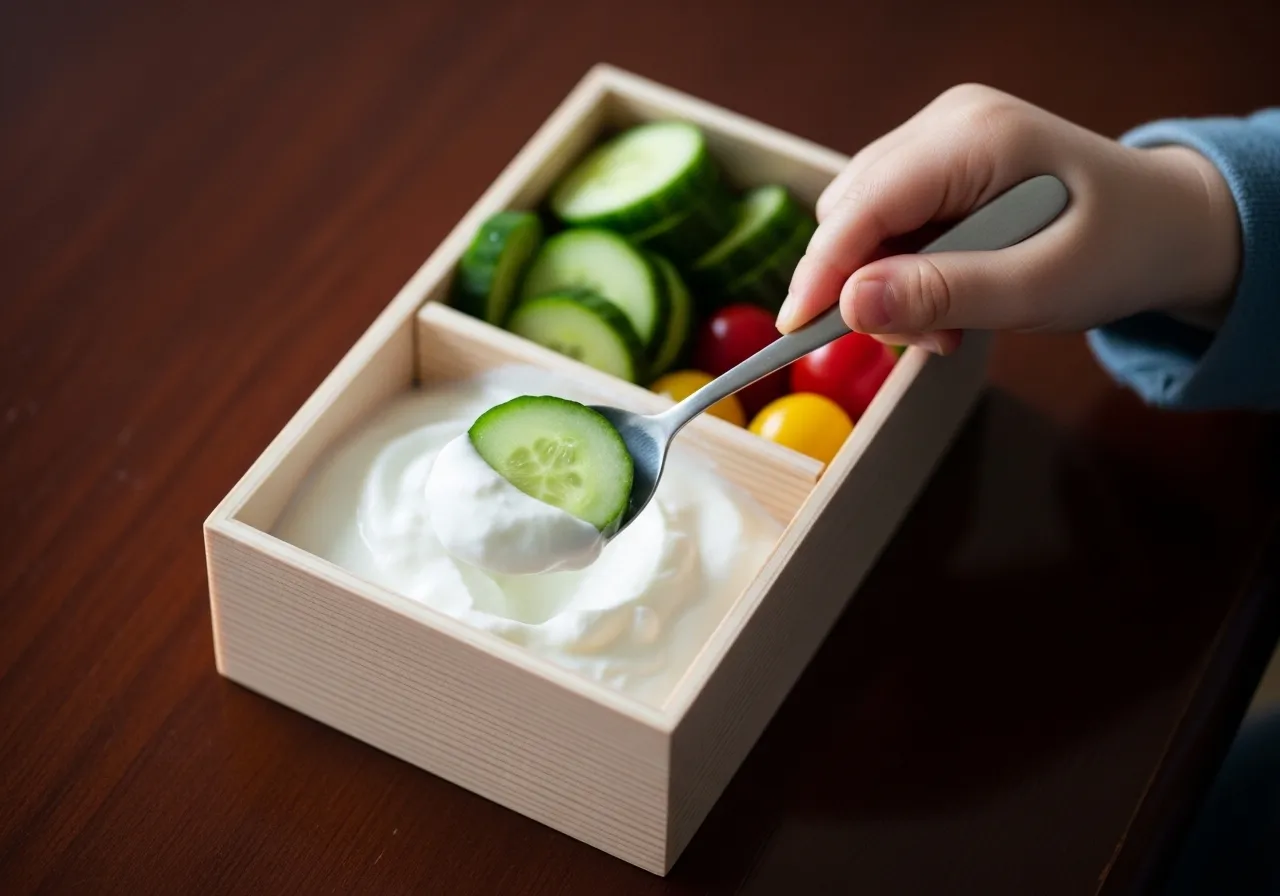 Child sized spoon dipping cucumber slice into creamy Greek yogurt from protein box lunch