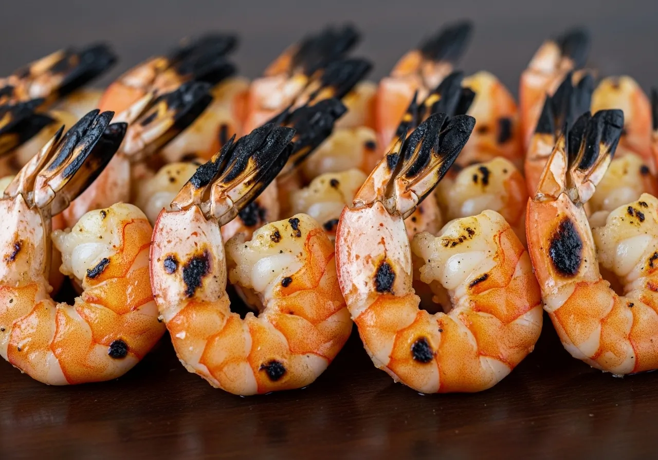 Close-up texture shot of grilled shrimp showing char marks moisture and curl for tacos