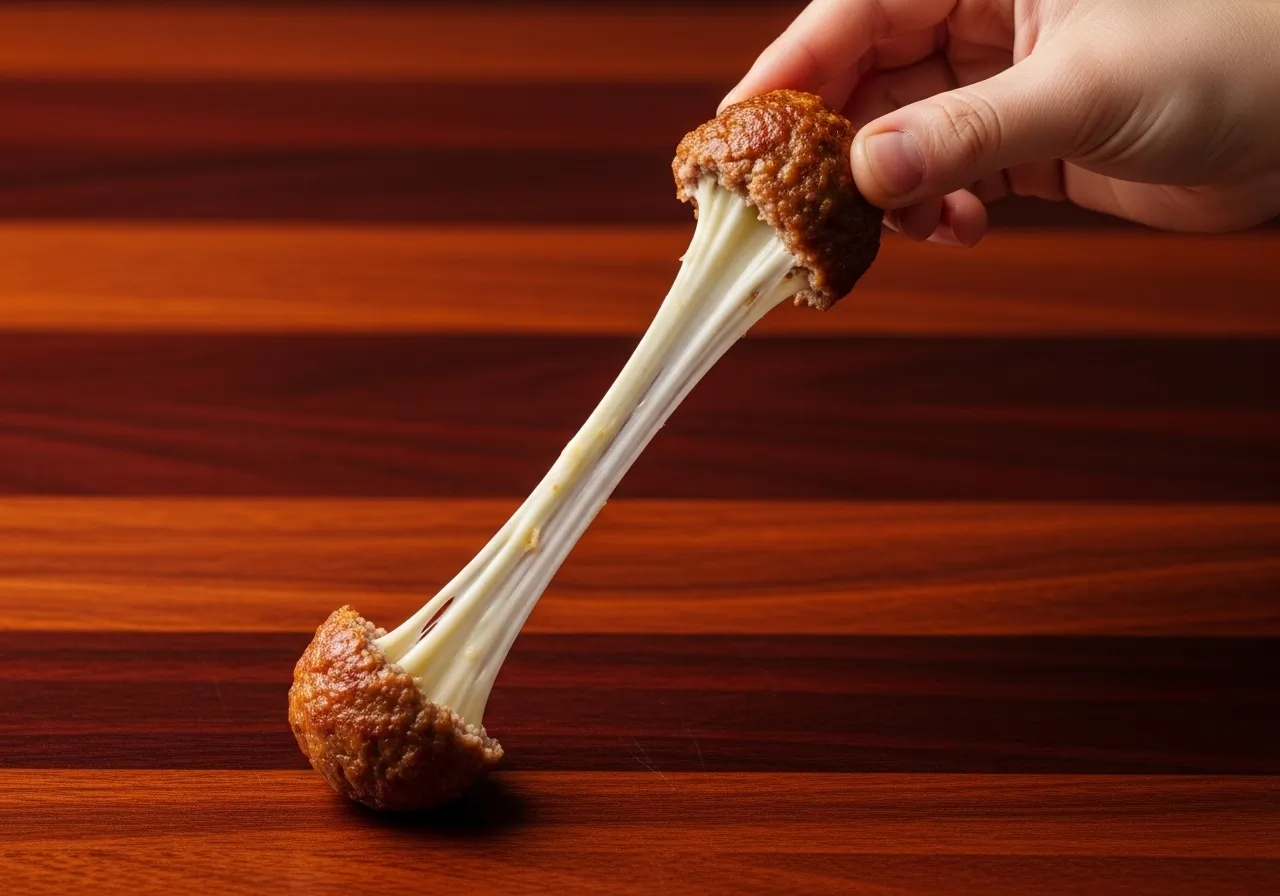 Child-sized hand pulling apart mini meatball to show long melted cheese string