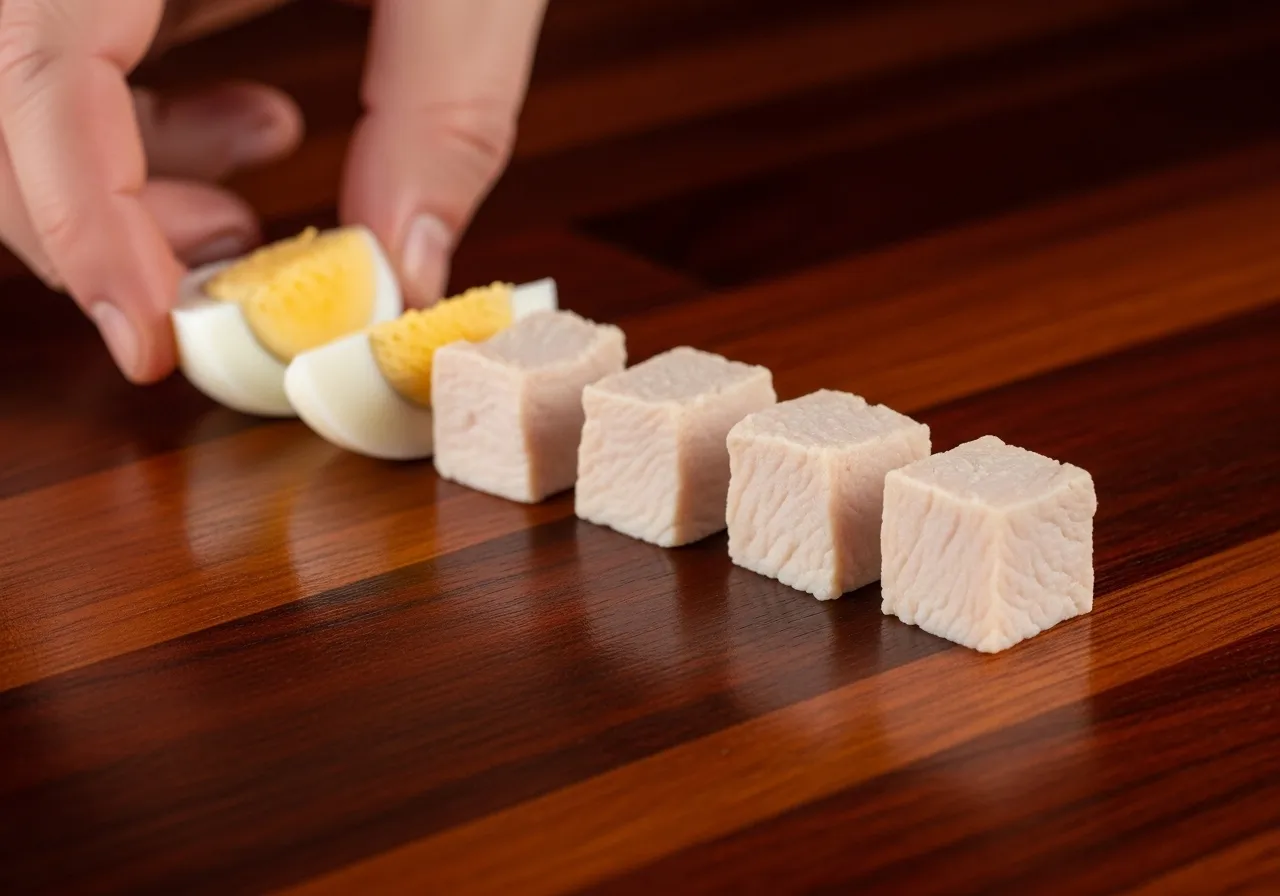 Hand arranging boiled egg wedge next to chicken cube in alternating checkerboard pattern