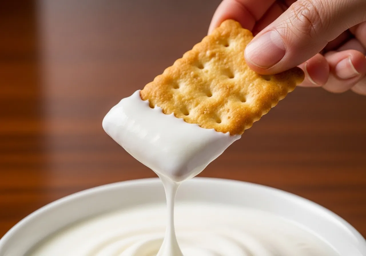 Close up texture shot of cracker dipped in Greek yogurt showing creamy coating for lunch box recipe