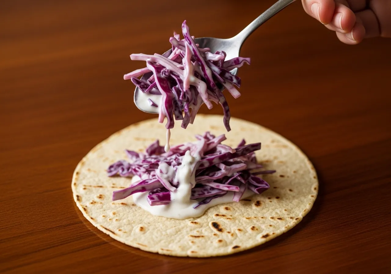 Creamy purple cabbage slaw being spooned onto warm corn tortilla for shrimp tacos