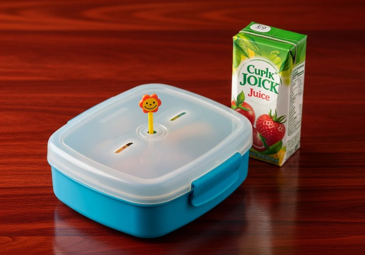 Closed kids lunch box with food pick in vent and juice box beside for school