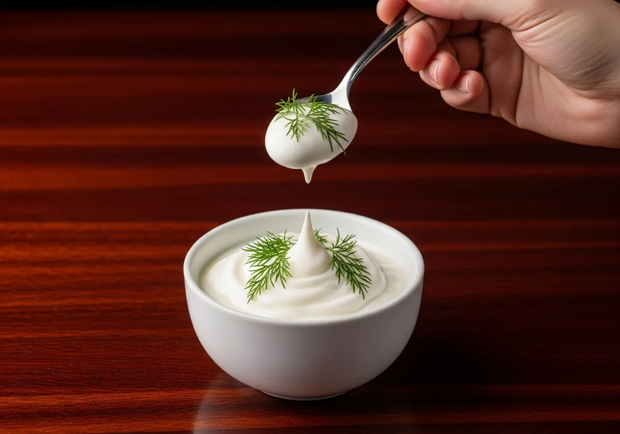 Hand scooping creamy Greek yogurt with spoon from cup showing dripping motion and fresh dill