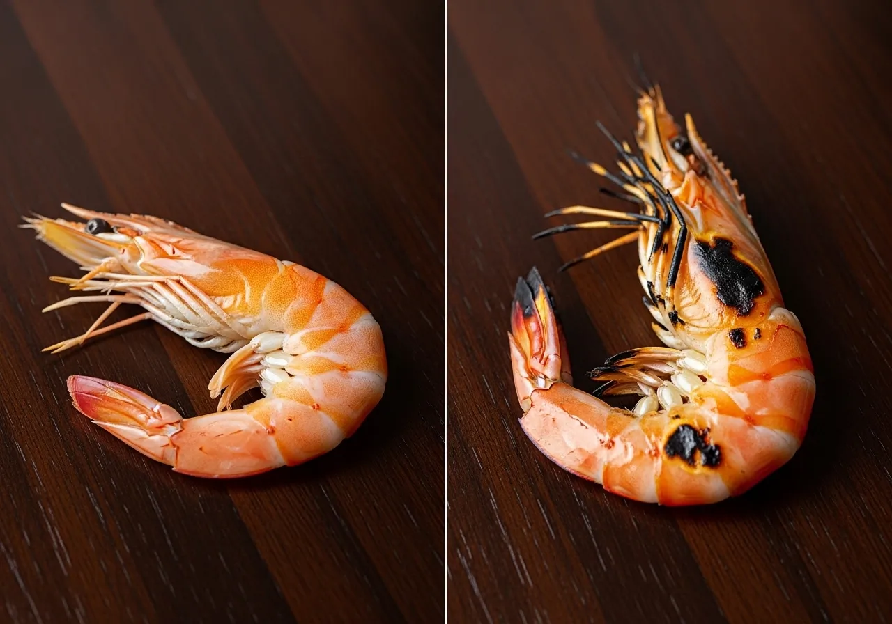 Before and after comparison of raw pink shrimp and grilled charred shrimp for tacos