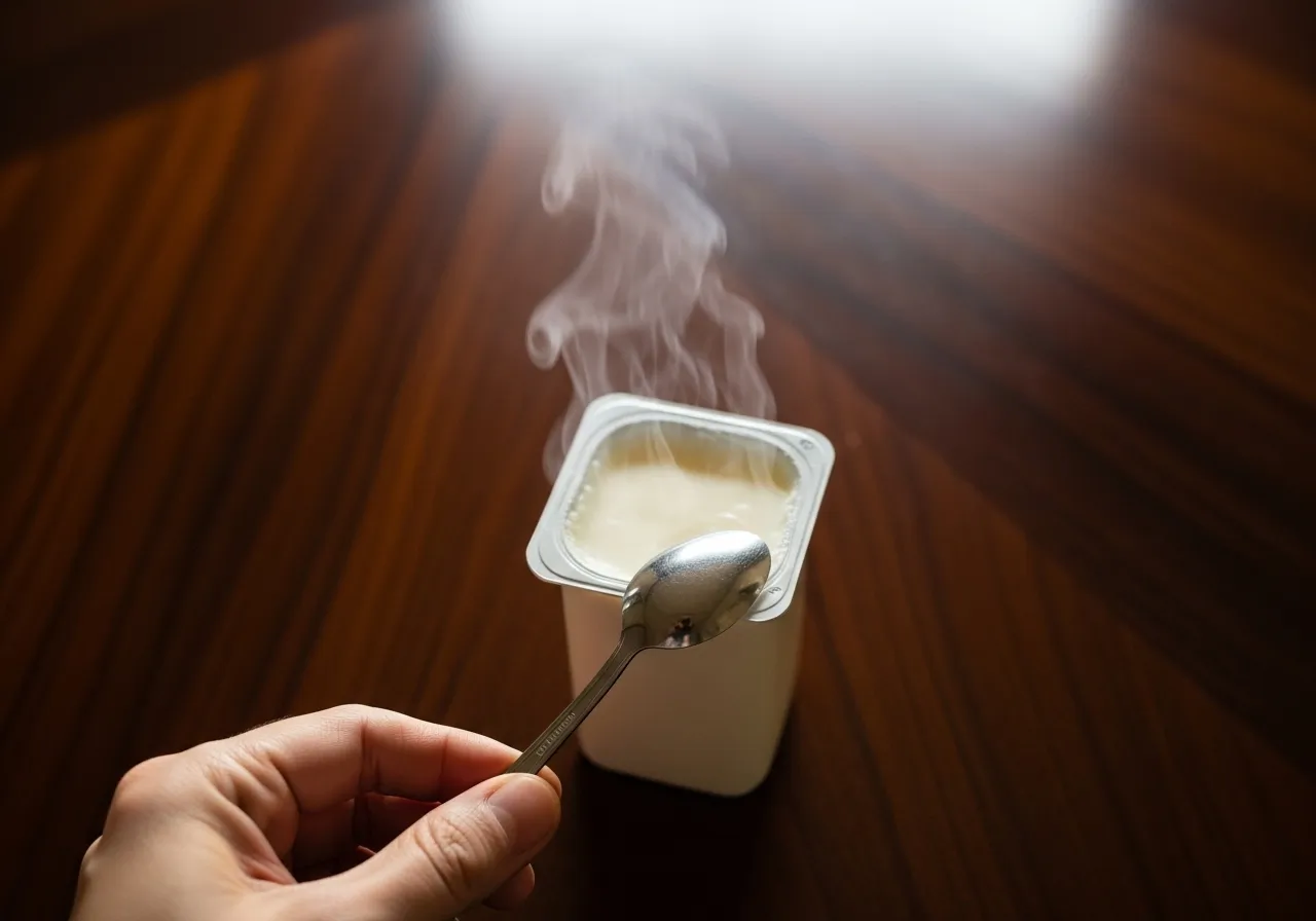 Light steam rising from fresh Greek yogurt protein box with spoon placed next to it