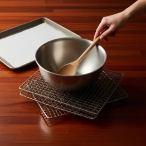 Mixing bowl with wooden spoon and baking sheet on dark wood surface