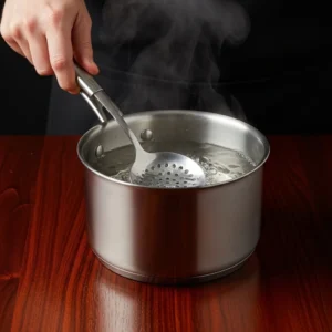 Stainless steel pot with boiling water and slotted spoon for boiling eggs on dark wood table