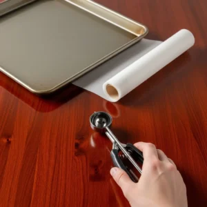 Cookie scoop, greased baking sheet, and parchment paper for no-reheat lunch box