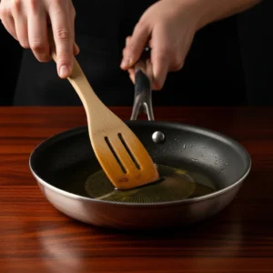 Nonstick pan with shimmering olive oil and wooden spatula for cooking chicken cubes