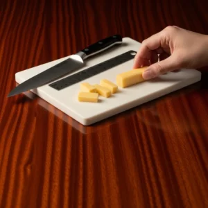 Sharp knife, cutting board, and ruler with cheese stick pieces for mini meatballs