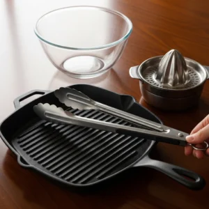 Hot grill pan and metal tongs on dark wood table for cooking shrimp tacos