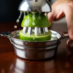 Citrus juicer pressing fresh lime over bowl with juice droplets for shrimp marinade