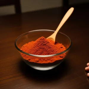 Wooden spoon resting in glass bowl of smoked paprika for shrimp taco seasoning