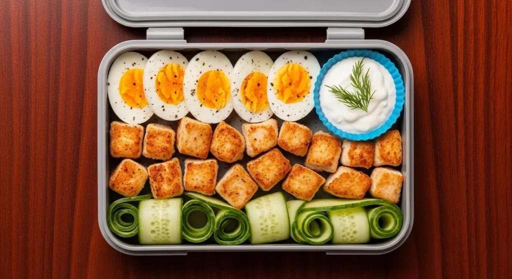Boiled eggs and chicken cubes lunch box for kids with yogurt dip and cucumber ribbons on dark wood table