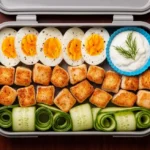 Boiled Eggs & Chicken Cubes: 6 Easy Steps for Kids Lunch Box Boiled eggs and chicken cubes lunch box for kids with yogurt dip and cucumber ribbons on dark wood table