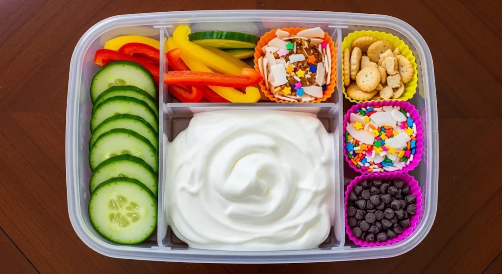 Complete Greek yogurt protein box lunch box for picky kids with cucumber bell peppers crackers coconut sprinkles chocolate chips