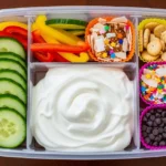 10-Min Greek Yogurt Protein Box: Best Lunch Box for Picky Kids Complete Greek yogurt protein box lunch box for picky kids with cucumber bell peppers crackers coconut sprinkles chocolate chips