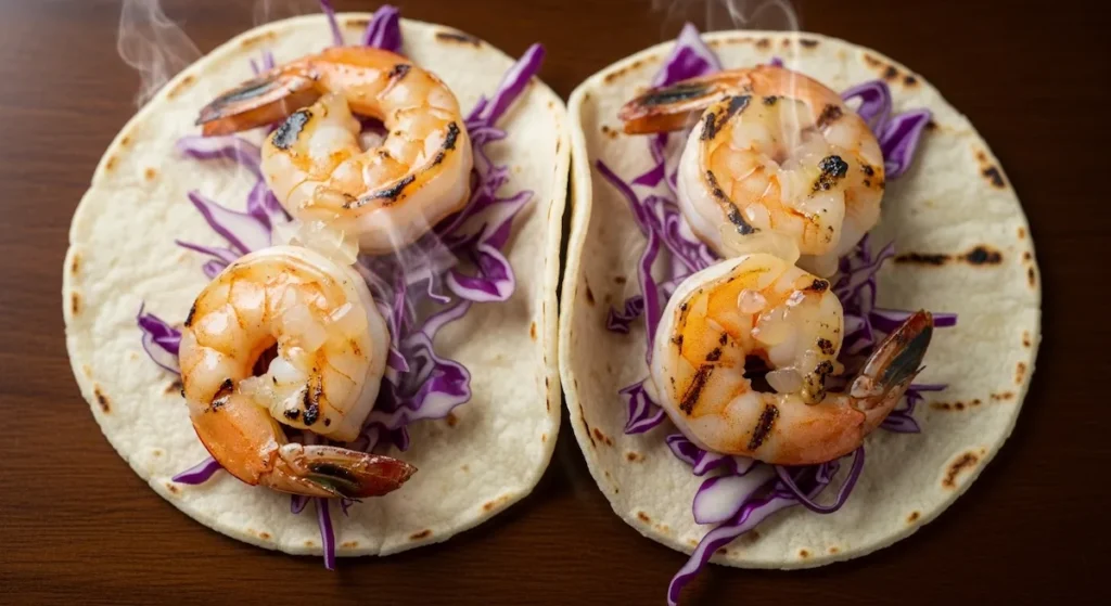 Healthy grilled shrimp tacos on a dark wood table with purple cabbage slaw and avocado