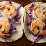 Healthy Grilled Shrimp Tacos: 6 Steps for a Low-Calorie Meal Healthy grilled shrimp tacos on a dark wood table with purple cabbage slaw and avocado