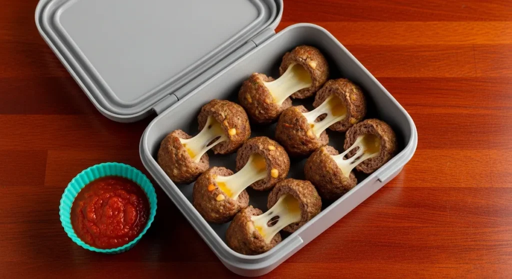 Mini meatballs with cheese sticks cut in half inside kids lunch box with marinara sauce