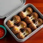 Mini Meatballs with Cheese Sticks: 5 Easy No-Reheat Lunch Box Tips Mini meatballs with cheese sticks cut in half inside kids lunch box with marinara sauce