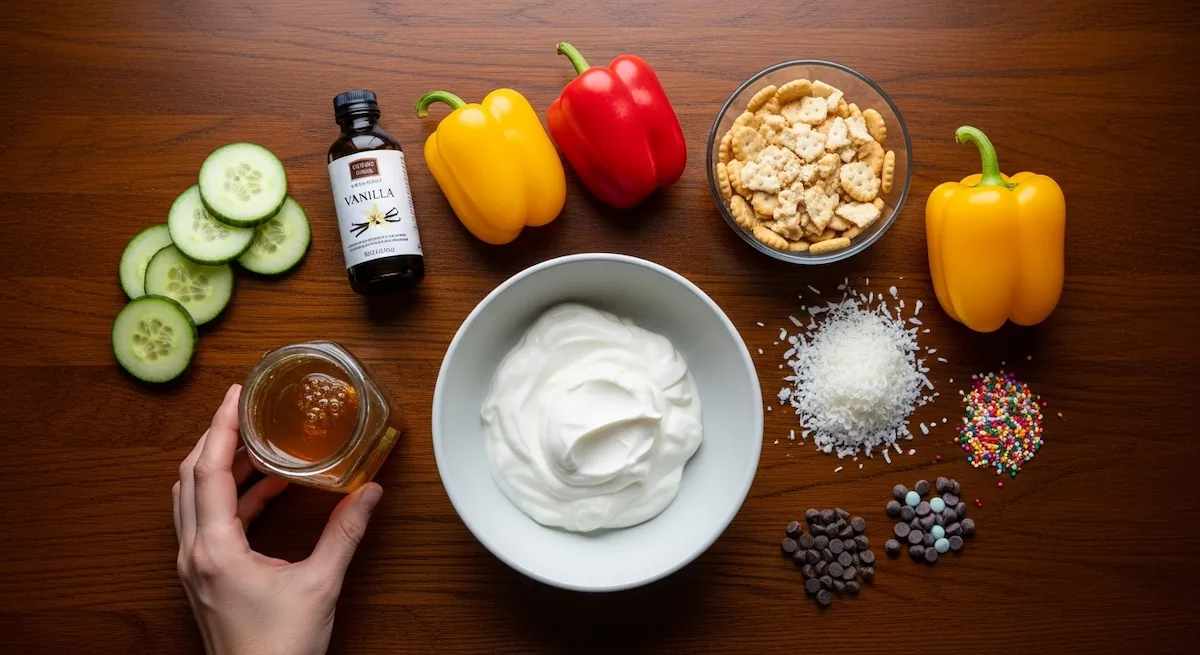 Flat lay of Greek yogurt honey vanilla cucumber bell peppers crackers coconut sprinkles chocolate chips for protein box lunch