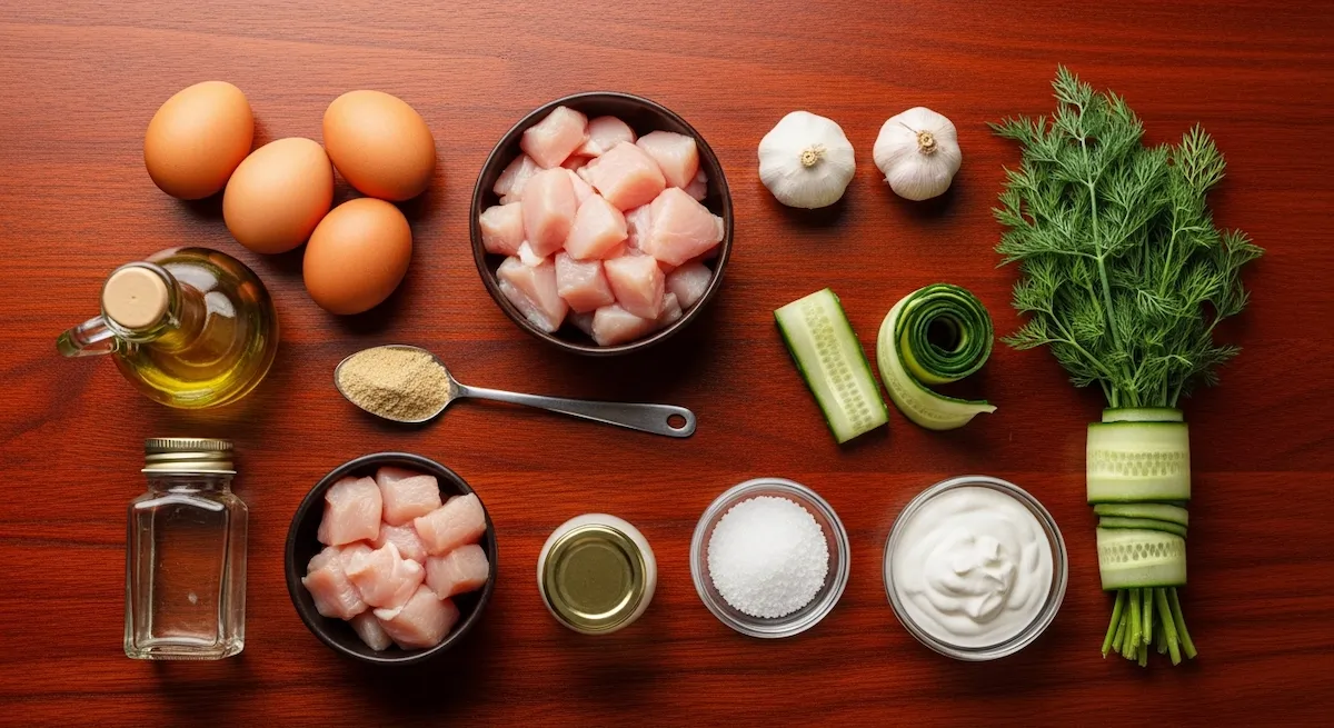 Ingredients for boiled eggs and chicken cubes lunch box including eggs chicken breast yogurt and dill