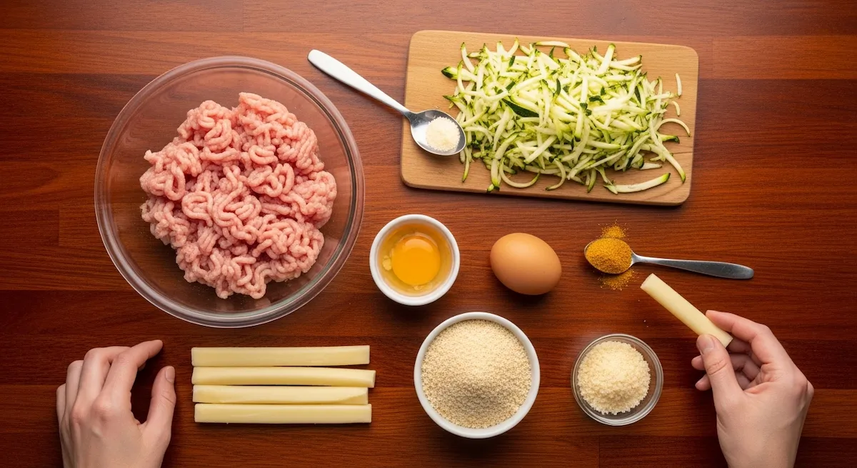 Ground turkey, zucchini, egg, breadcrumbs, Parmesan, garlic powder, and string cheese sticks arranged flat lay
