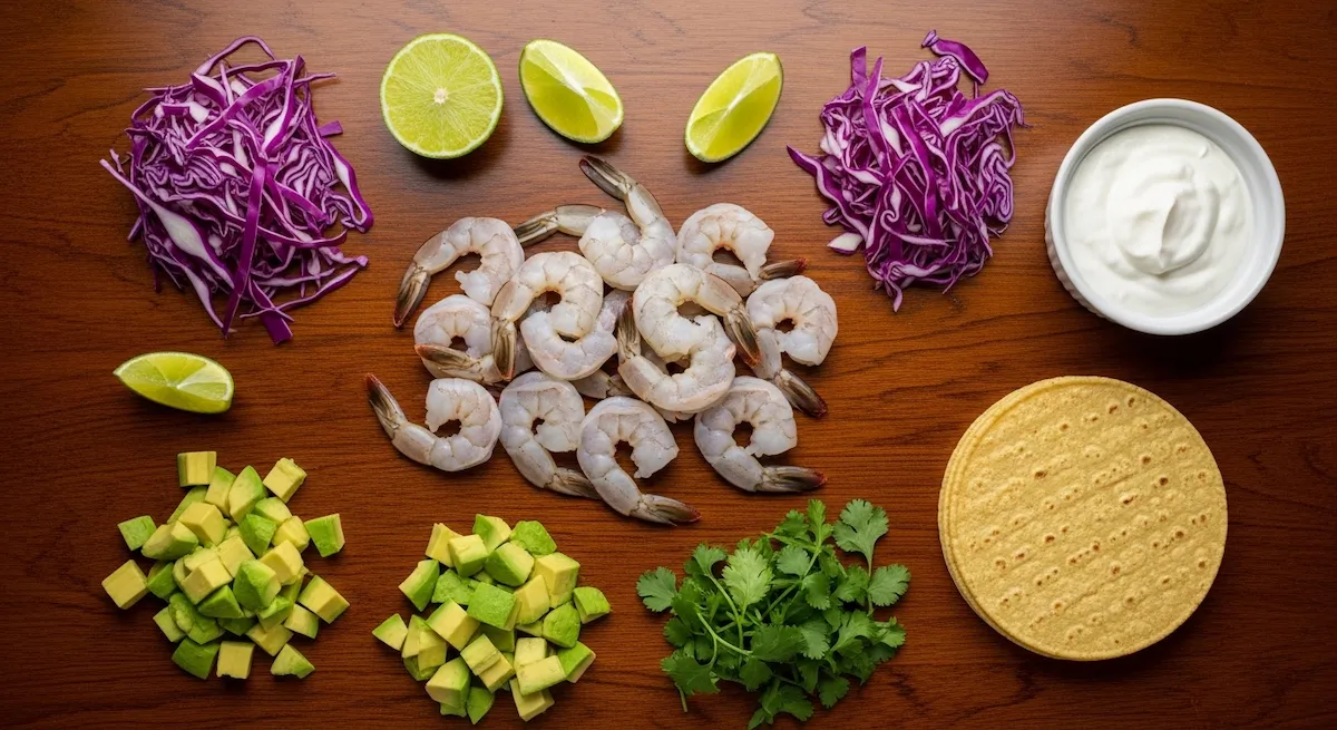 Flat lay of fresh ingredients for healthy shrimp tacos including shrimp lime cabbage and avocado