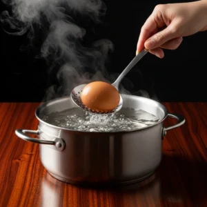 Hand lowering cold egg into rolling boiling water using slotted spoon for perfect boiled eggs