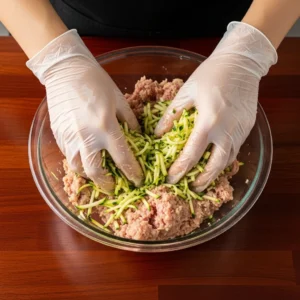 Hands mixing ground turkey and grated zucchini in glass bowl for mini meatballs